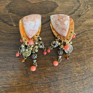 Vintage 80s Clip On Earrings Chunky Charm Stone Pink Triangle Swirl Beads